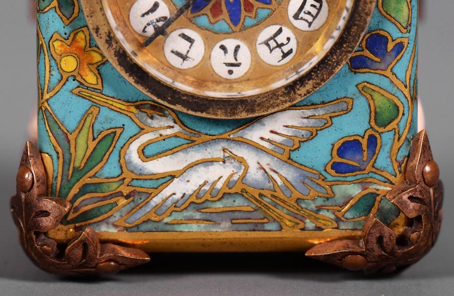 LE ROY & FILS - Travel clock with enamelled japanese decoration-4
