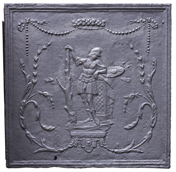 Small antique fireback with soldier in armor decoration-0
