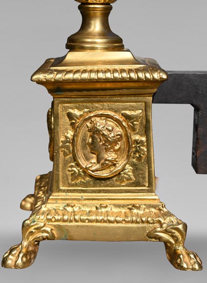 Pair of Louis XIV style gilt-bronze chenets decorated with profiles.-5