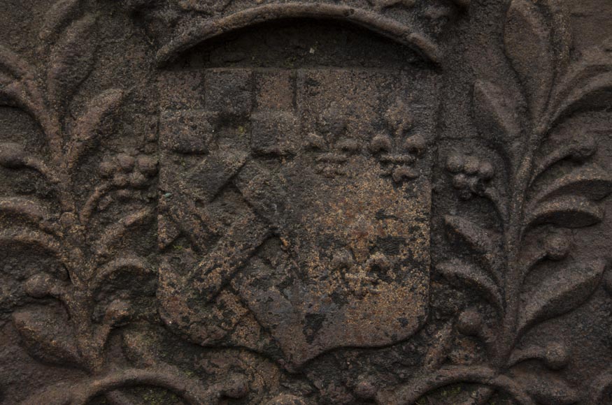 17th century fireback with the wedding coat of arms of René du Matz and Gilonne de la Marzelière-1