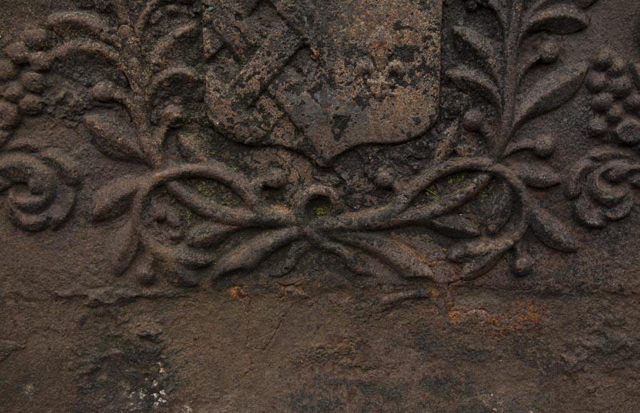 17th century fireback with the wedding coat of arms of René du Matz and Gilonne de la Marzelière-5