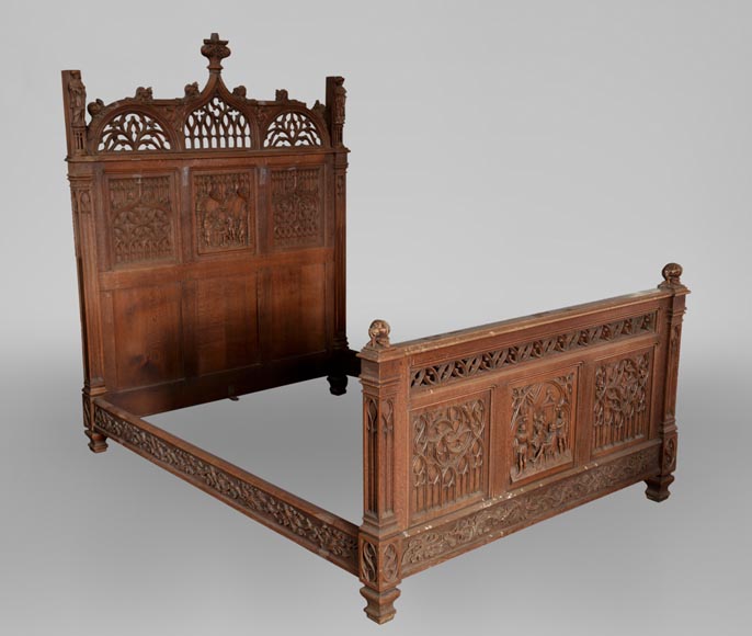 Neo Gothic Style Bedroom Furniture Set In Carved Oak Wood