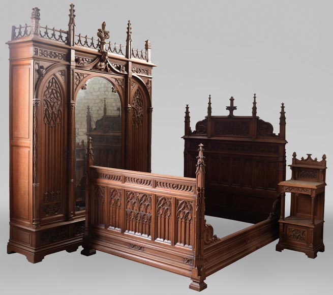 Set of bedroom furniture in carved oak Neo Gothic style Bedroom