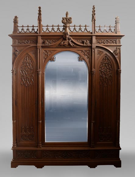 Set of bedroom furniture in carved oak, Neo-Gothic style - Bedroom, Bed