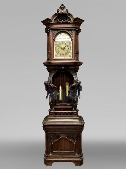JULIUS GROSCHKUS (active in the second half of the 19th century), Mahogany grandfather clock with exotic decoration-0