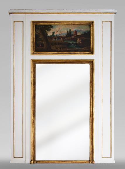 Antique trumeau decorated with an oil on canvas representing a lively landscape-0