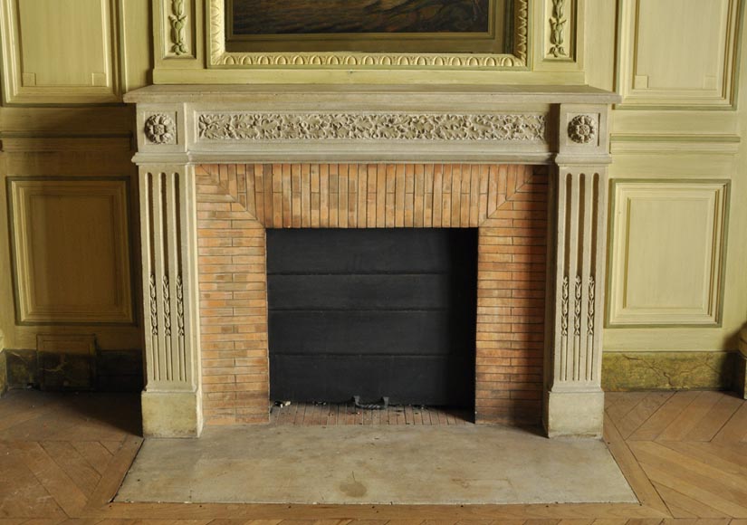 Beautiful Louis XVI style paneled room with its stone fireplace and a marine scene, oil on canvas-6