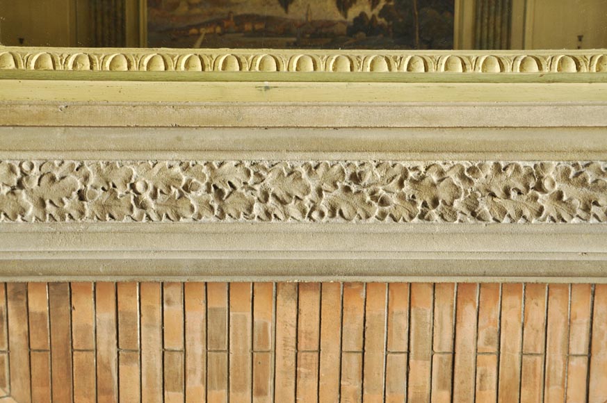 Beautiful Louis XVI style paneled room with its stone fireplace and a marine scene, oil on canvas-7