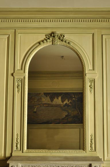 Beautiful Louis XVI style paneled room with its stone fireplace and a marine scene, oil on canvas-15