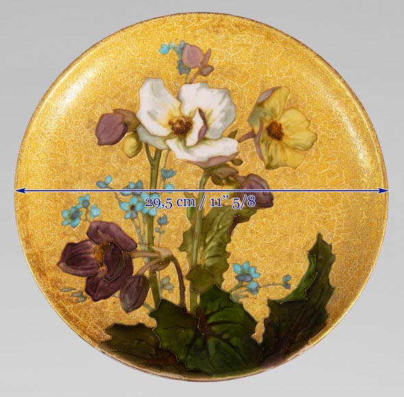 MANUFACTURE DE SÈVRES - WALTER Glazed ceramic plate decorated with flowers on a gold background-6