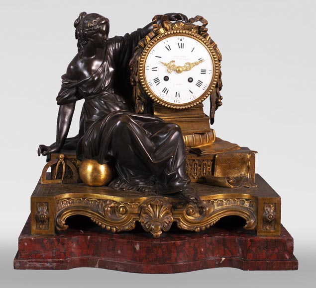 Maison Denière - Patinated and gilded bronze clock symbolizing Uranie-0