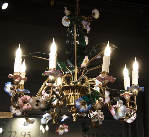 Antique chandelier in the shape of a flowered basket with eight lights-2