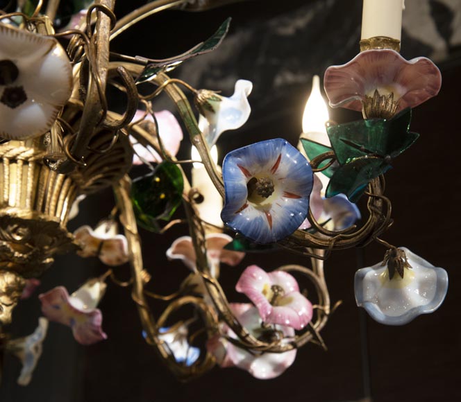 Antique chandelier in the shape of a flowered basket with eight lights-7