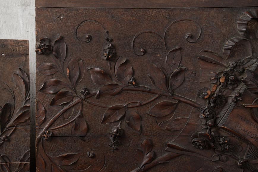 Set of three antiques carved walnut decorative panels with attributes of the Arts-3
