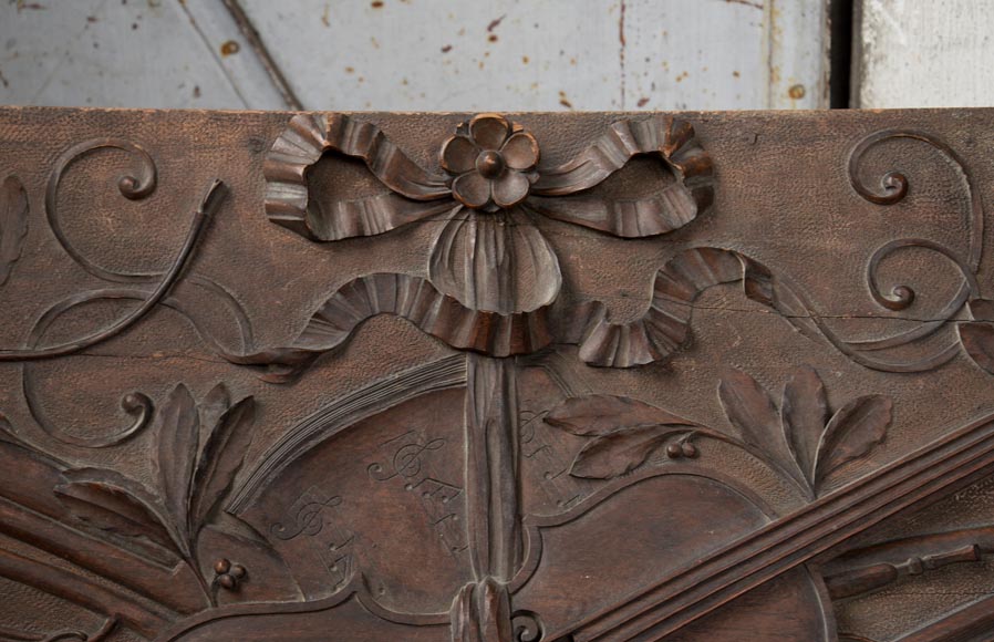 Set of three antiques carved walnut decorative panels with attributes of the Arts-5