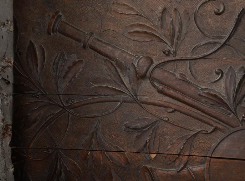 Set of three antiques carved walnut decorative panels with attributes of the Arts-6