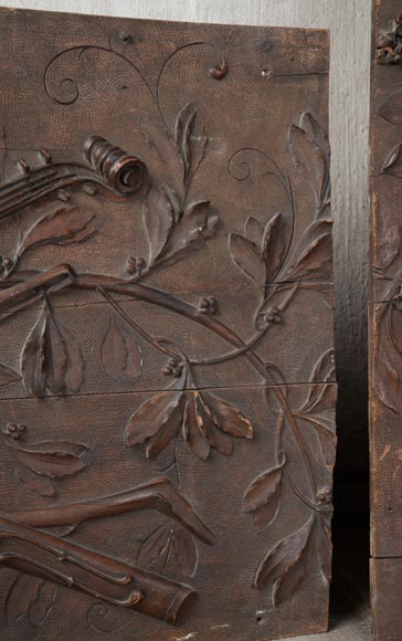 Set of three antiques carved walnut decorative panels with attributes of the Arts-7