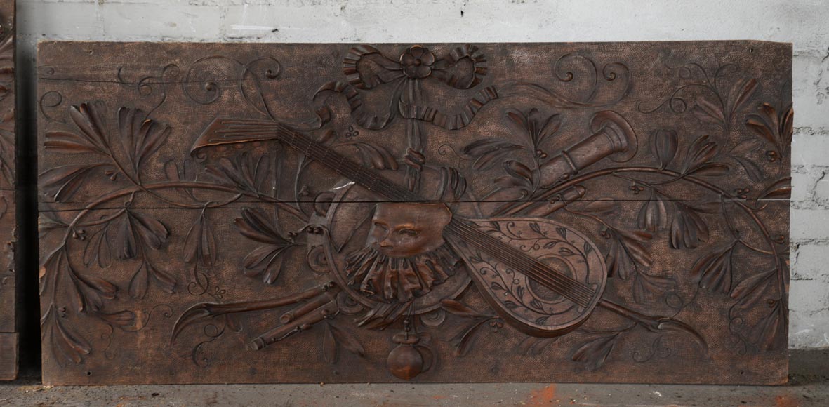 Set of three antiques carved walnut decorative panels with attributes of the Arts-8