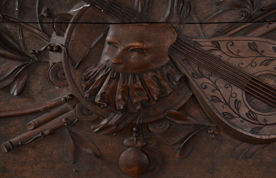 Set of three antiques carved walnut decorative panels with attributes of the Arts-9