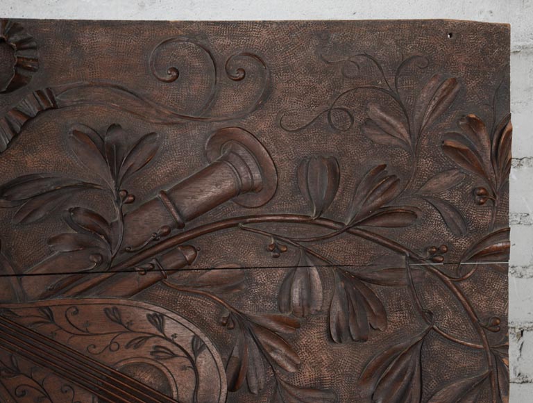 Set of three antiques carved walnut decorative panels with attributes of the Arts-10