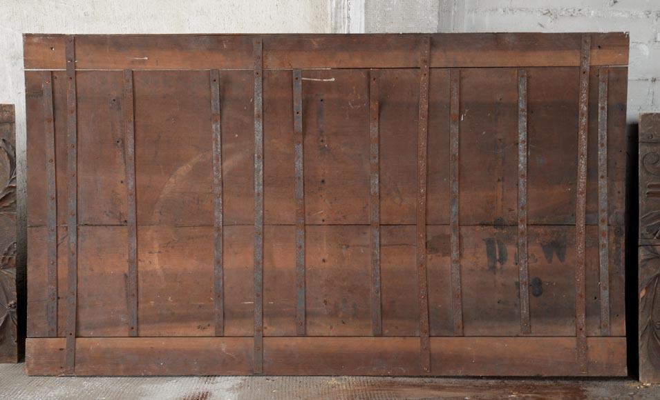 Set of three antiques carved walnut decorative panels with attributes of the Arts-12
