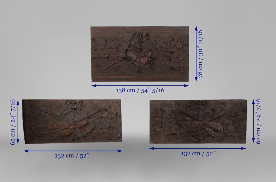 Set of three antiques carved walnut decorative panels with attributes of the Arts-13