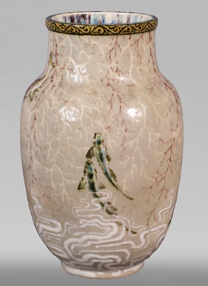 Edmond LACHENAL (1855-1930) - Glazed ceramic ovoid vase with carp