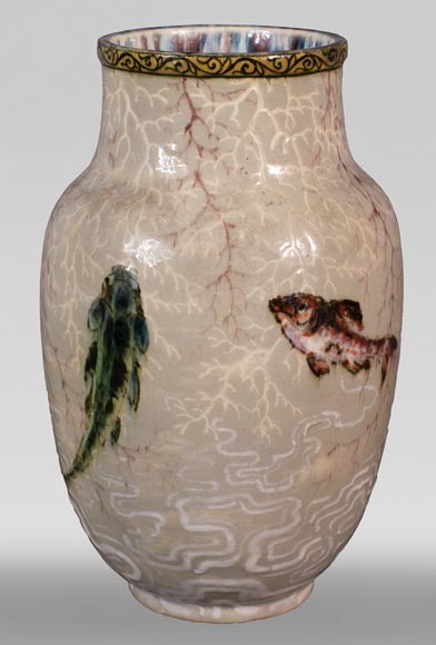 Edmond LACHENAL (1855-1930) - Glazed ceramic ovoid vase with carp decoration-0