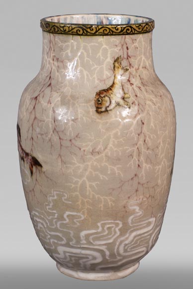 Edmond LACHENAL (1855-1930) - Glazed ceramic ovoid vase with carp decoration-1