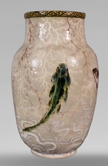 Edmond LACHENAL (1855-1930) - Glazed ceramic ovoid vase with carp decoration-3