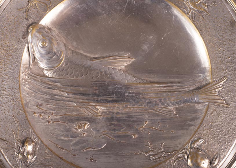 Silver plated metal plate with japanese decoration of a carp and insects-1