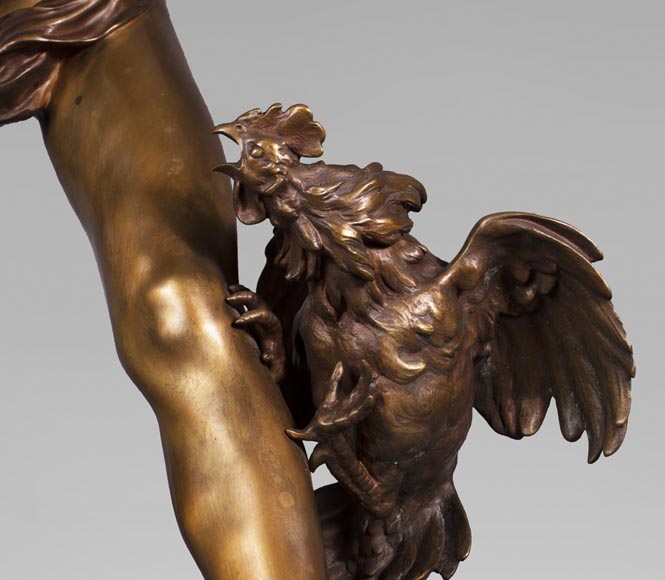 aul Romain CHEVRÉ (1866-1914) - Le combat de coqs, bronze with golden patina-7