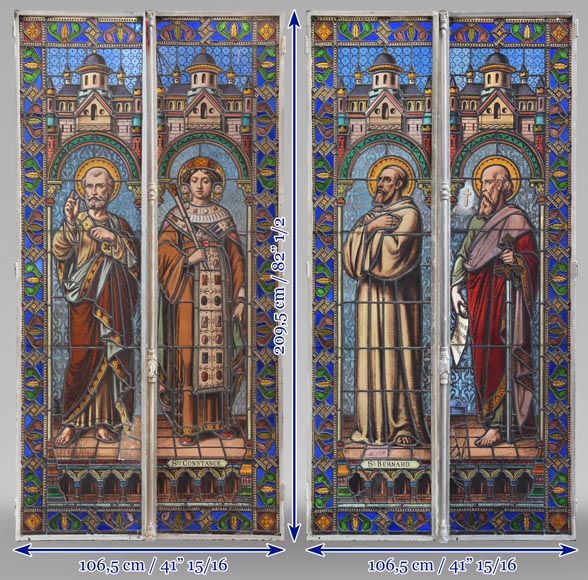 Pair of double Religious stained glass depicting saints-19