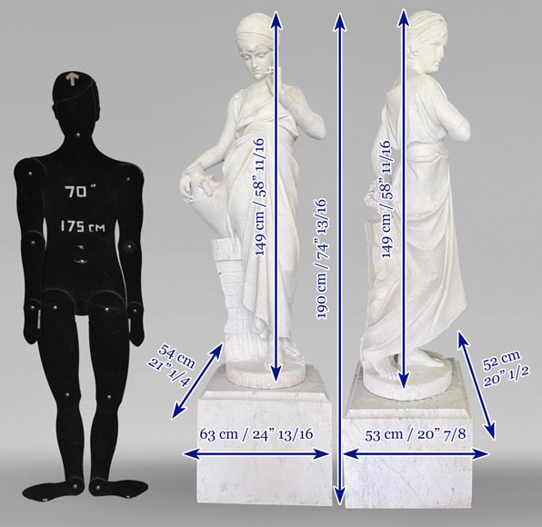 Two white marble statues representing "Rebecca" and "Ruth" Statues