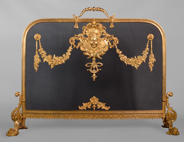 Beautiful gilt bronze firescreen with dolphins, late 19th century-0