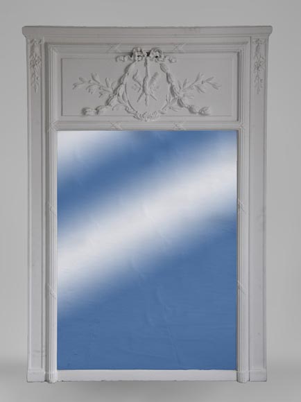 Antique Louis XVI style trumeau in painted stucco decorated with a flaming torch and quiver-0