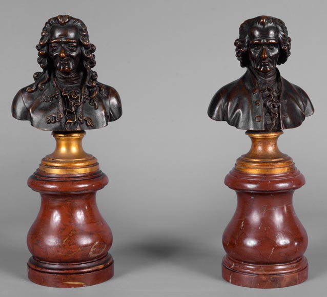 Pair of Voltaire and Rousseau busts in patinated bronze and marble-0