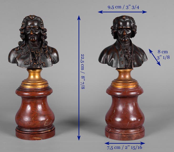 Pair of Voltaire and Rousseau busts in patinated bronze and marble-13