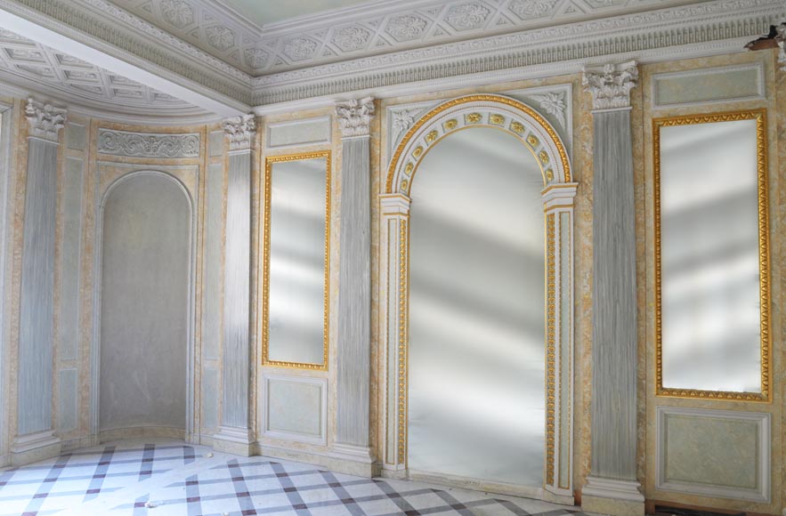 Beautiful Louis XVI style paneled room with architectural decoration inspired by the antique
