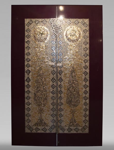 Pair of lacquered sliding double doors with orientalist mother-of-pearl decor-0