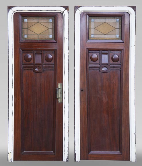 Pair Of Art Deco Style Doors In Mahogany Openworked With Stained