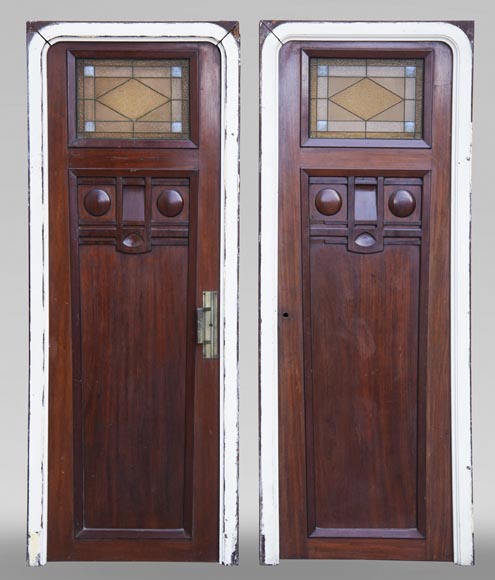 Pair Of Art Deco Style Doors In Mahogany Openworked With Stained Glass Probably From A Boat Cabin Doors