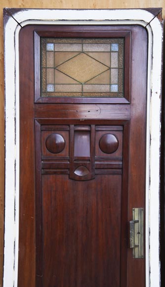 Pair Of Art Deco Style Doors In Mahogany Openworked With Stained Glass Probably From A Boat Cabin Doors