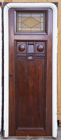 Pair Of Art Deco Style Doors In Mahogany Openworked With Stained Glass Probably From A Boat Cabin Doors