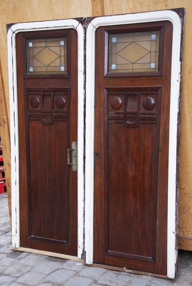 Pair of Art Deco style doors in mahogany, openworked with stained glass, probably from a boat cabin-1