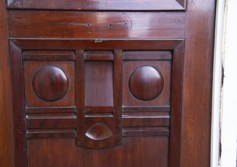 Pair of Art Deco style doors in mahogany, openworked with stained glass, probably from a boat cabin-3