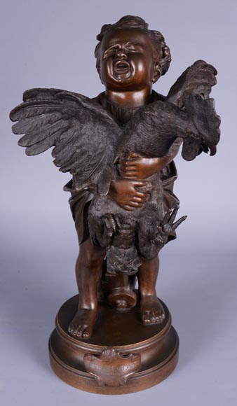Adriano CECIONI (1836-1886) - The Child with the Rooster, bronze subject with brown patina-0