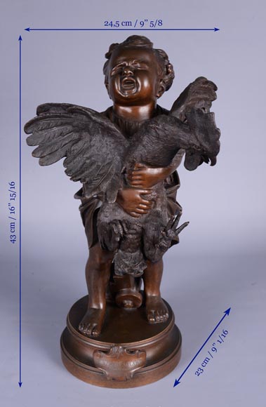 Adriano CECIONI (1836-1886) - The Child with the Rooster, bronze subject with brown patina-9