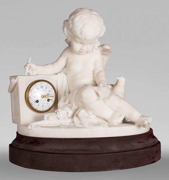Pendulum from a model by Jean Baptiste Pigalle in Carrara marble from the end of the 19th century-0