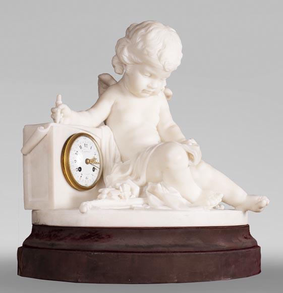 Pendulum from a model by Jean Baptiste Pigalle in Carrara marble from the end of the 19th century-1